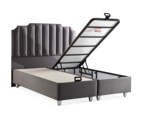 Elegante cama gris con colchón de textil y madera