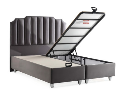 Elegante cama gris con colchón de textil y madera