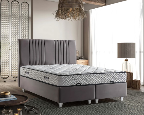 Cama textil gris con colchón diseño moderno