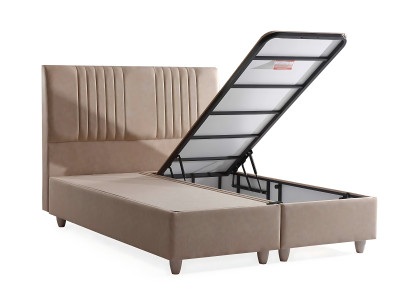 Cama elegante con colchón en beige de textil y madera