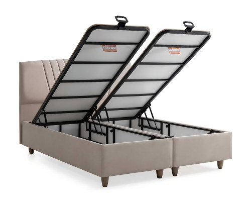 Cama elegante con colchón en beige de textil y madera