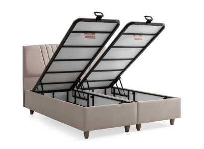 Cama elegante con colchón en beige de textil y madera