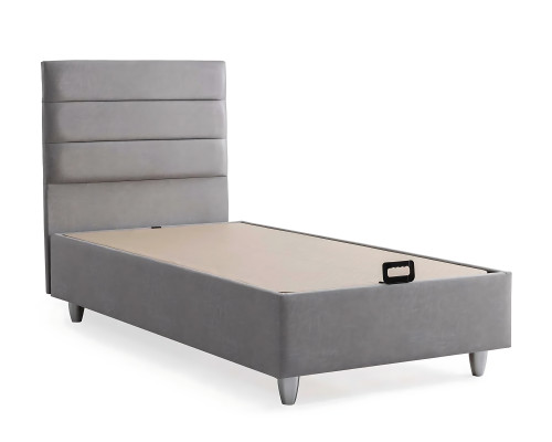Elegante cama gris con colchón de textil y madera