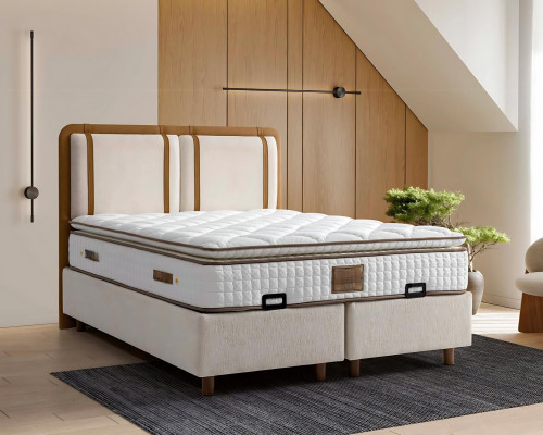 Colores claros y neutros hacen que la cama con colchón sea versátil.