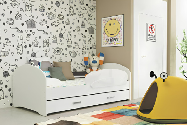 Cama juvenil, cama de madera maciza natural con cajón, cama Luki TS