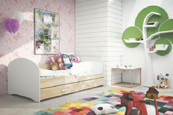 Cama juvenil, cama de madera maciza natural con cajón, cama Luki TS