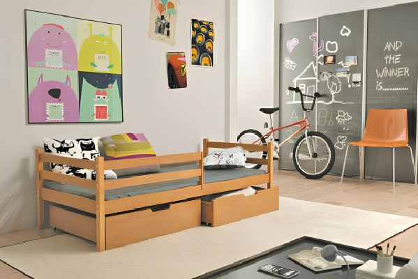 Cama juvenil Barneseng + Caja de almacenamiento de madera maciza Cama de madera real Camas para niños