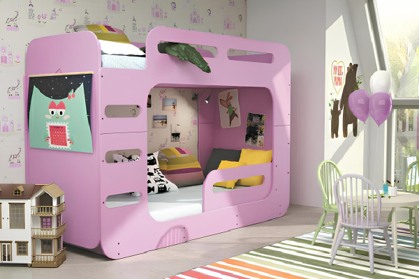 Cama litera para niños, cama elevada para jóvenes, cama de madera rosa