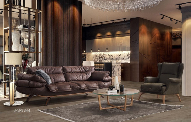 Sofá multifunción de tres plazas, muebles sofás marrón, acolchado suave.