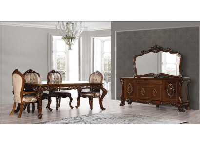 Comedor Mesa de comedor Silla Cómoda Espejo Grupo de conjunto de madera de 7 piezas.