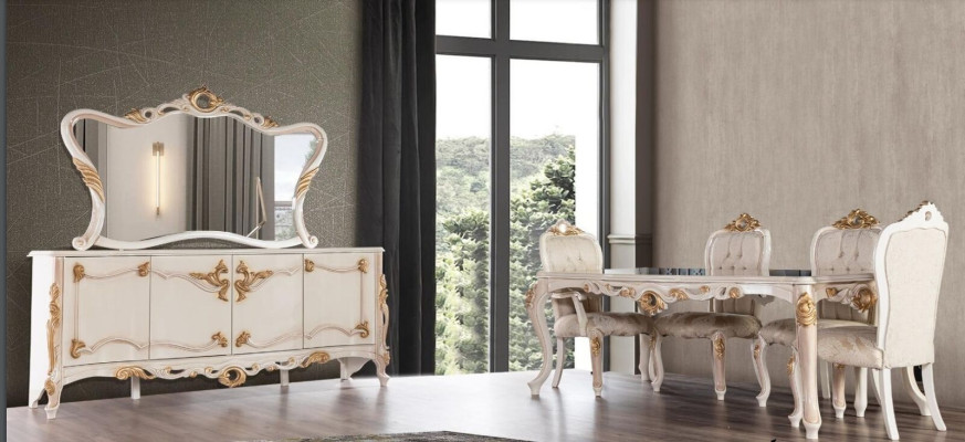 Juego de salón de 7 piezas. Mesa de comedor Silla. aparador Espejo Sillas de comedor Mesas