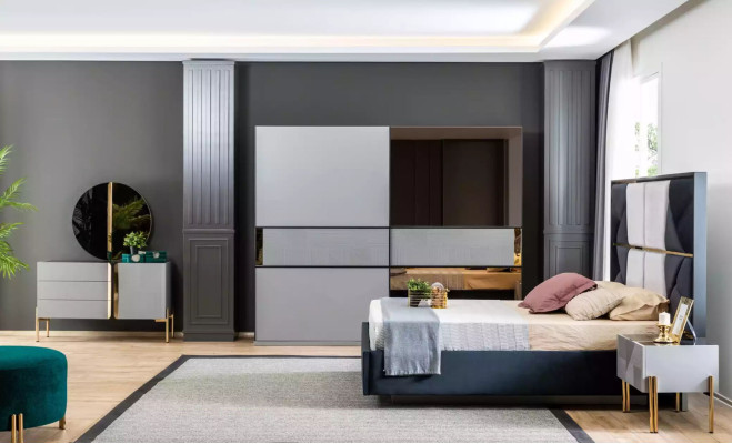Elegantes dormitorio muebles Diseños modernos en tonos oscuros cálidos.