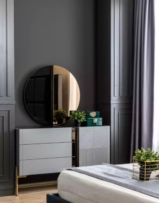 Elegantes dormitorio muebles Diseños modernos en tonos oscuros cálidos.