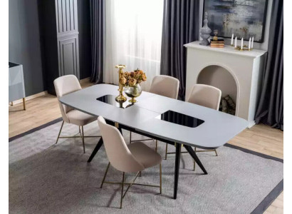Moderna, definitivamente hermosa mesa con sillas en tonos grises y beige.