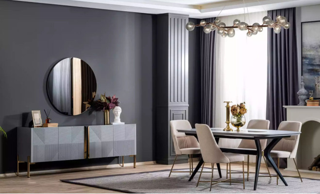 Moderna, definitivamente hermosa mesa con sillas en tonos grises y beige.
