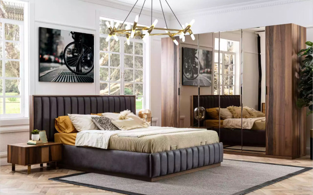 Conjunto de diseño de dormitorio con camas 2x, 4 mesitas de noche. Muebles nuevos.