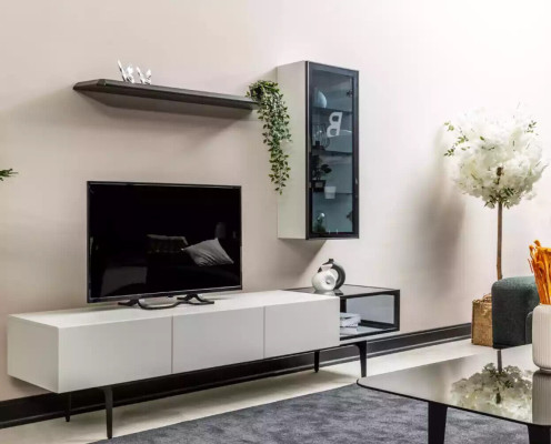 Un incomparable mueble de televisión y estanterías en estilo minimalista