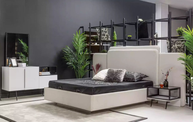 Cama de diseñador moderna impecable para tu dormitorio en blanco.