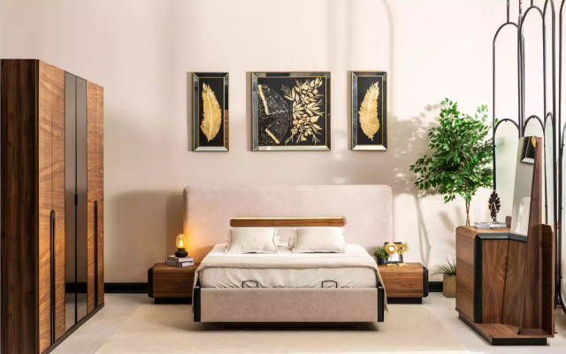 Cama Muebles Diseño Camas Cama doble Dormitorio de lujo Textil Madera Nuevo