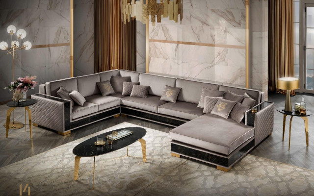 Sofá en forma de U, diseño de sofá de esquina con tapizado textil, asientos de sofá, mueble de salón, sofáponente.