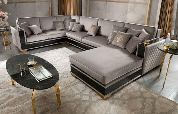 Sofá en forma de U, diseño de sofá de esquina con tapizado textil, asientos de sofá, mueble de salón, sofáponente.