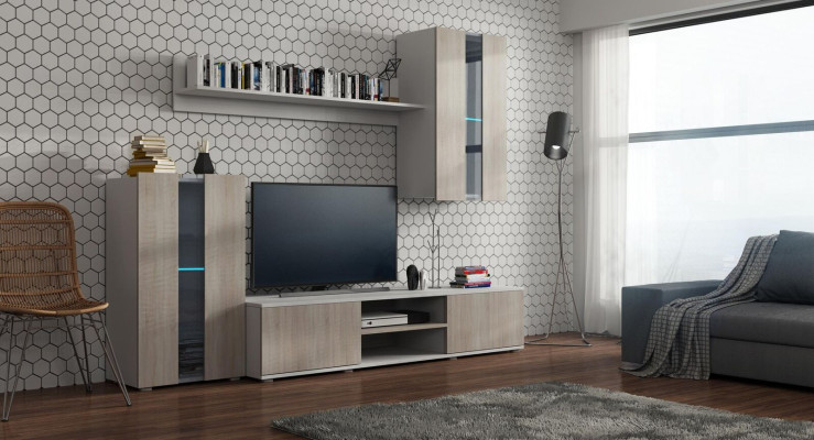 Conjunto de pared moderno con vitrinas, estantería, armario. Estilo moderno para la sala de estar. Incluye 4 piezas.