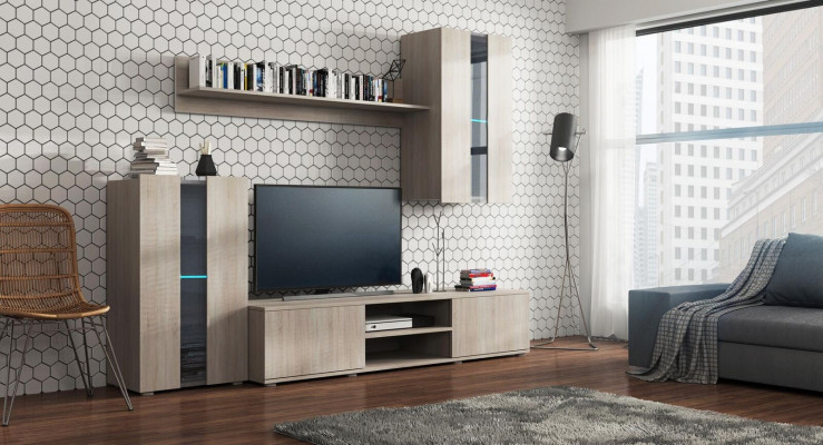 Conjunto de pared moderno con vitrinas, estantería, armario. Estilo moderno para la sala de estar. Incluye 4 piezas.
