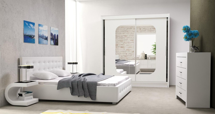 Juego de dormitorio con diseño de muebles de lujo moderno de 4 piezas: cama doble y 2 mesitas de noche.