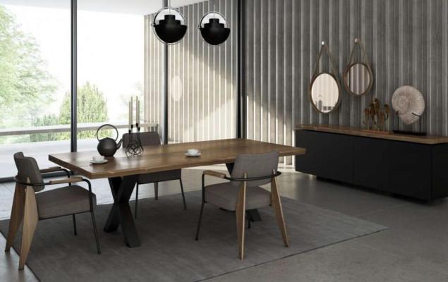Set de muebles de comedor Mesa sillas Cómoda Nogal natural - Gris oscuro mate