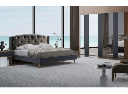 Conjunto de dormitorio Chesterfield moderno, cama doble de diseño, mesitas de noche.