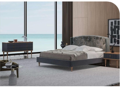 Juego de dormitorio gris de lujo con cama doble, 2 mesitas de noche y cómoda.