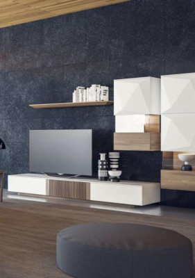 Lujo Nuez natural Moderno Blanco Mueble de salón para TV Soporte para TV Aparador Estantes de pared