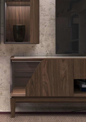 Muebles de salón, pared de sala, estantes colgantes, aparador, marrón, muebles de lujo de madera.