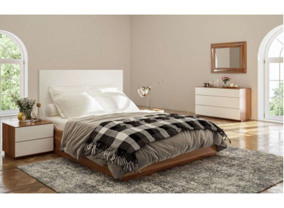 Juego de dormitorio blanco y marrón con muebles de madera de lujo: cama, mesillas de noche, cómoda.