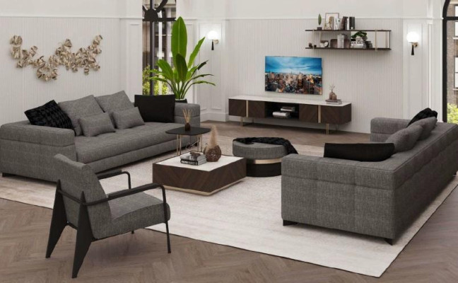 Sofá gris de tres plazas para sala de estar, mueble de asiento con estructura de madera, colección de sofás.