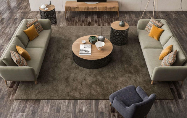 Sofá moderno de tres plazas verde oliva para sala de estar.