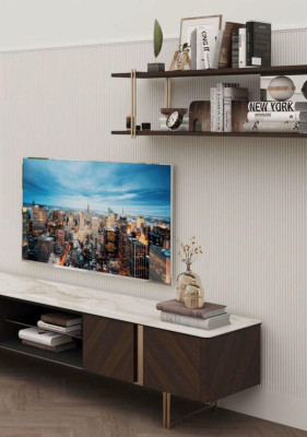 Moderna pared de sala de estar estante de armario estantes para TV marrón.