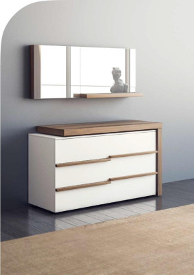 Cómoda de lujo blanca con espejo diseño moderno de nogal natural nuevo.
