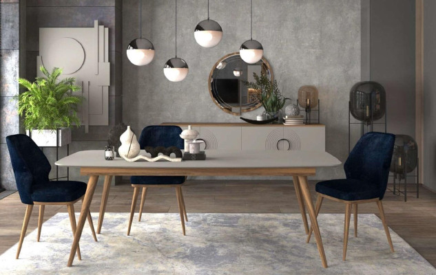 Silla de comedor azul de lujo. Muebles de cocina modernos. Muebles de madera de diseñador.