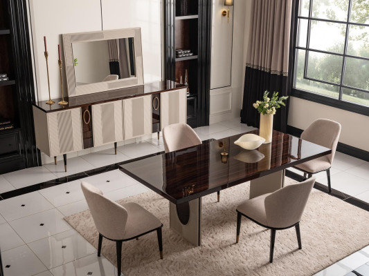 Conjunto de comedor de lujo, esquina de comedor, mesa y sillas en beige de madera, juego de 9 piezas.