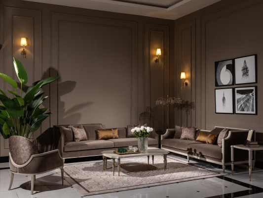 Sofá de cuatro plazas con mesa de centro, sofá de tela marrón y sillón, conjunto de 4 piezas.