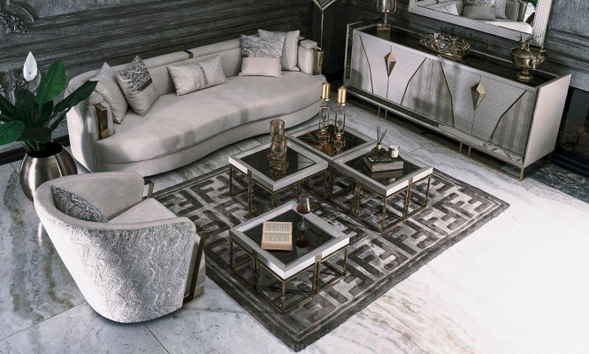 Conjunto de sofá de tela de lujo con sillón y mesas auxiliares para sala de estar de 7 piezas en color gris.