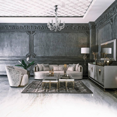 Conjunto de sofá de tela de lujo con sillón y mesas auxiliares para sala de estar de 7 piezas en color gris.