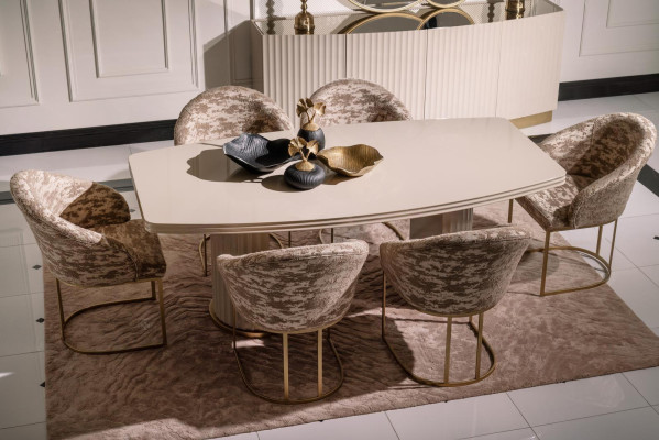 Grupo de comedor, rincón de comedor, mesa de comedor, sillas, juego de 9 piezas, comedor beige de madera de lujo.