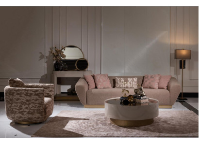 Conjunto de sofá de 3 plazas, sillón, mesa de centro y cómoda de tela beige de 5 piezas.