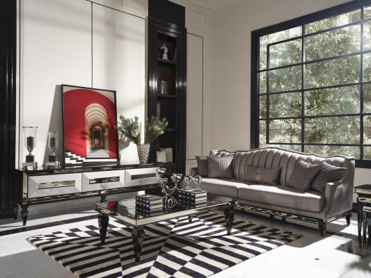 Conjunto de sofá de 4 plazas de tela gris con mesa de centro y soporte para TV, set de 3 piezas.