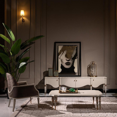 Conjunto de sala de estar: sillón de tela, mesa de centro, mueble de televisión de 3 piezas en beige de madera.