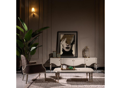 Conjunto de sala de estar: sillón de tela, mesa de centro, mueble de televisión de 3 piezas en beige de madera.