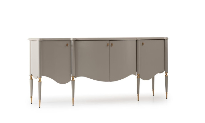 Conjunto de salón de 4 piezas: sillón, mesa auxiliar, aparador y espejo en color beige.