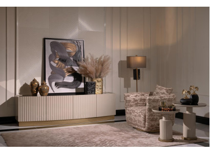 Juego de salón completo con sillones, aparador y mesas auxiliares de 4 piezas, beige.